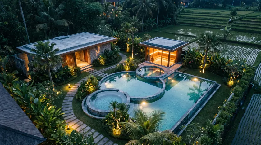 Ethelia Grove concept — boutique wellness retreat with thermal circuit and spa pavilions in Ubud