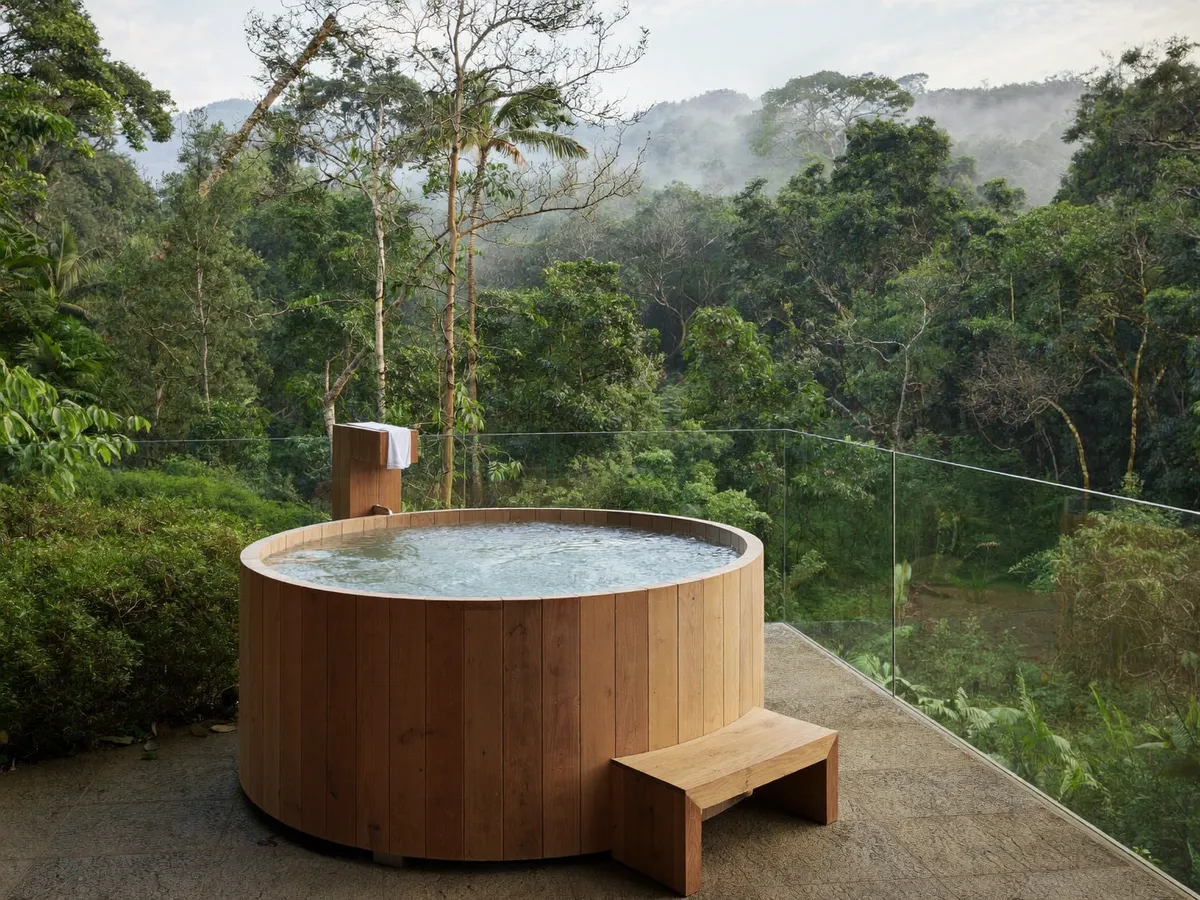 Cedar cold plunge tub on a stone terrace above the Bali jungle