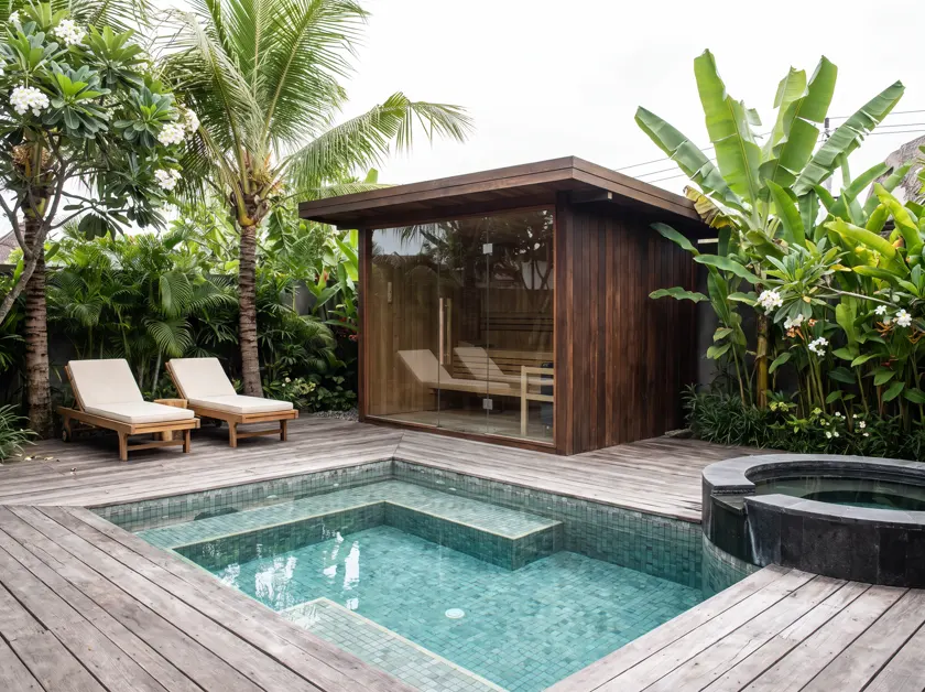 Ethelia One concept — compact wellness club with glass-wall sauna and contrast pools in Bali