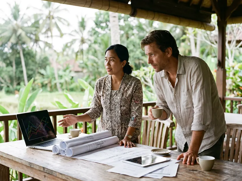 Investors reviewing a wellness resort concept deck and financial model on a villa terrace in Bali