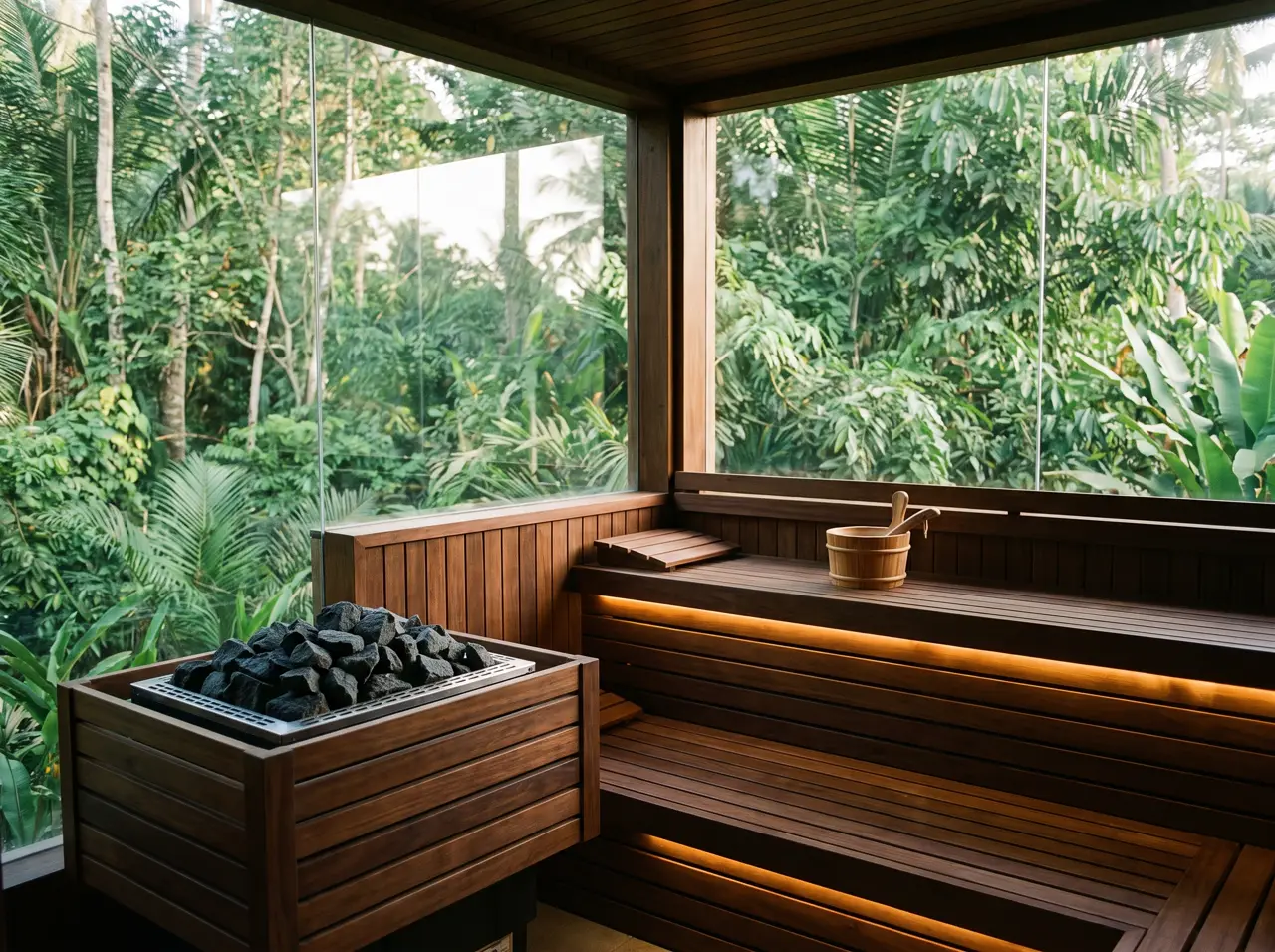 Premium cedar sauna interior with warm lighting