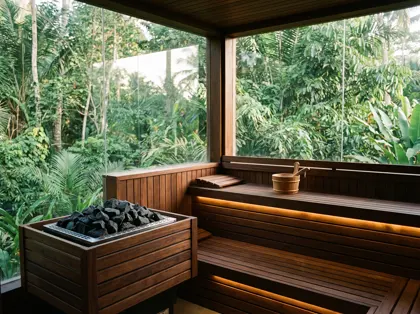 Panoramic glass sauna interior with stone heater overlooking Bali jungle