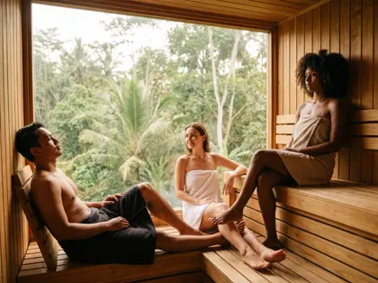 Guests relaxing in a cedar sauna with a jungle view window
