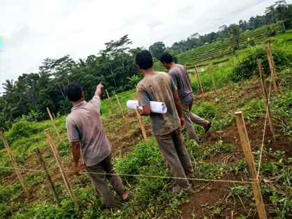Team walking a staked land plot in Bali before design